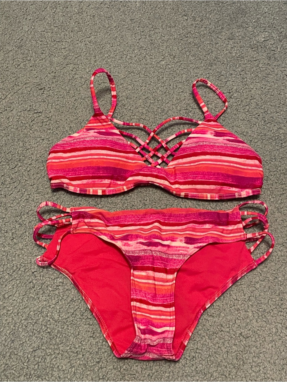 Hollister Pink & Coral Striped Bikini Bottoms with Side Strap Detail